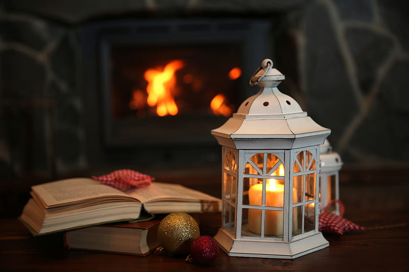 Cozy Glow, table, autumn, warm, cozy, lantern, book, winter, fireplace, flames, HD wallpaper