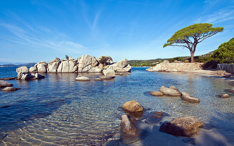 beach, sunny, stones, palombaggia, shore, coast, landscape, HD wallpaper