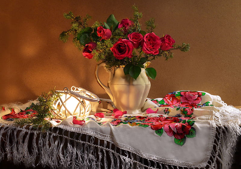 Still life with flowers, Shawl, Roses, Lantern, Pitcher, HD wallpaper