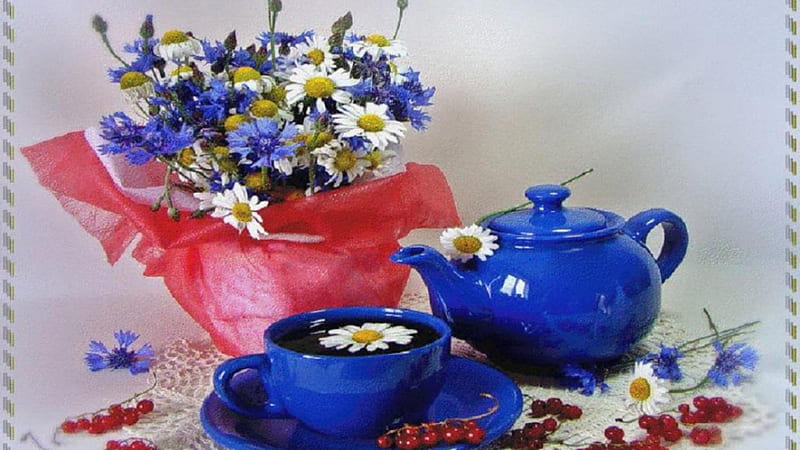 Tea Time, setting, cup, pot, tea, blue, cobolt, HD wallpaper