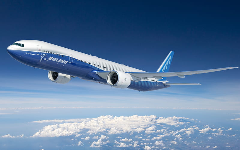 Flying Boeing 777-300ER, airplane, blue sky, Boeing 777-300ER, airliner, passenger planes, Boeing, 777, HD wallpaper