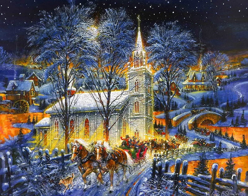 Sleigh ride at home, sleigh, pretty, dusk, lights, nice, village, path, evening, lovely, holiday, christmas, town, new year, trees, horses, winter, happy, merry christmas, snow, fence, home, bonito, twilight, cold, santa claus, painting, streets, road, night, stars, church, holy, snowing, snowflakes, ride, HD wallpaper