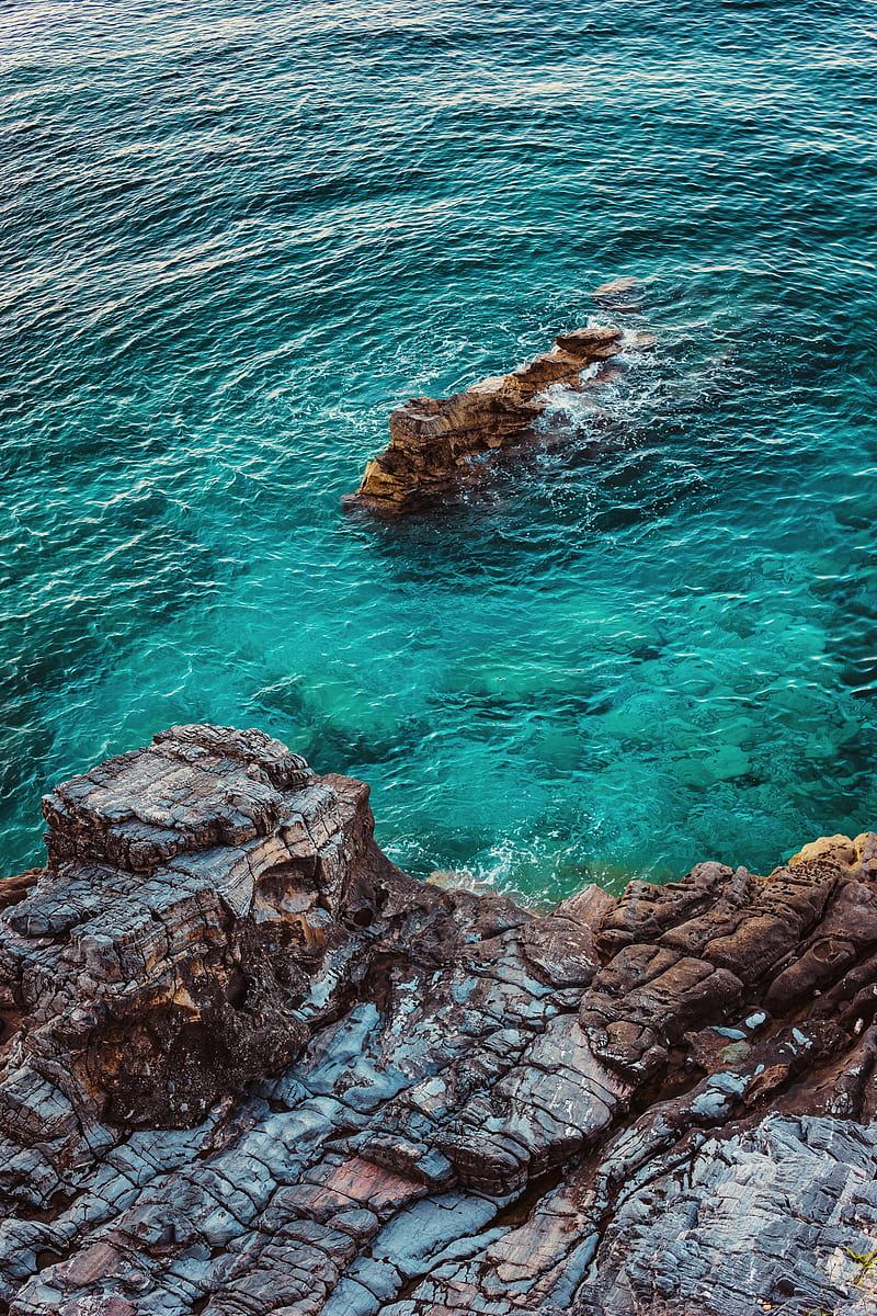 sea, rocks, aerial view, water, coast, HD phone wallpaper