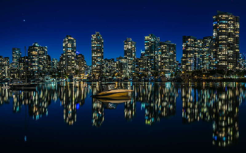 Vancouver, night, modern buildings, boat, Vancouver cityscape, Canadian cities, Canada, HD wallpaper