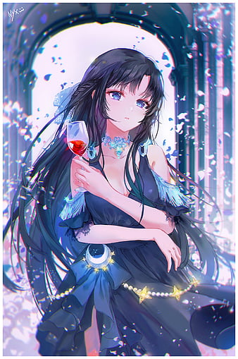 Beautiful anime girl with blue long hair and blue eyes posing among blue  flowers 2K wallpaper download