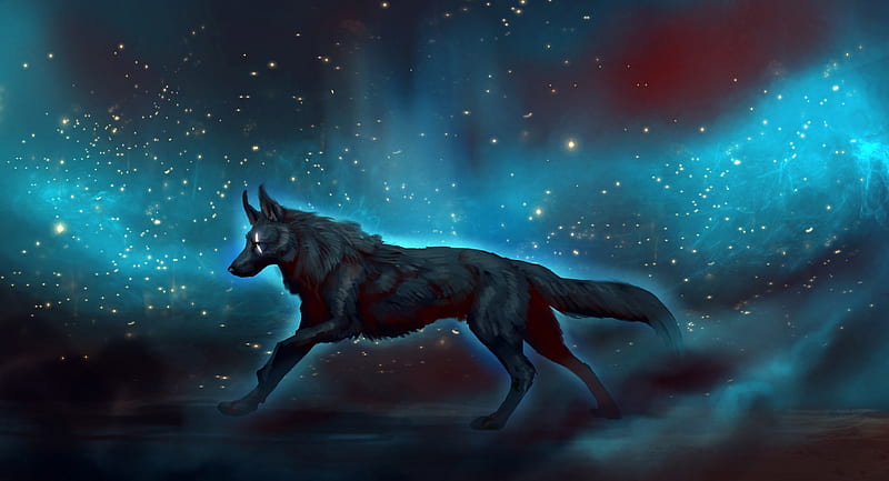 :-), stars, fantasy, luminos, lup, wolf, jademere, sky, blue, HD wallpaper