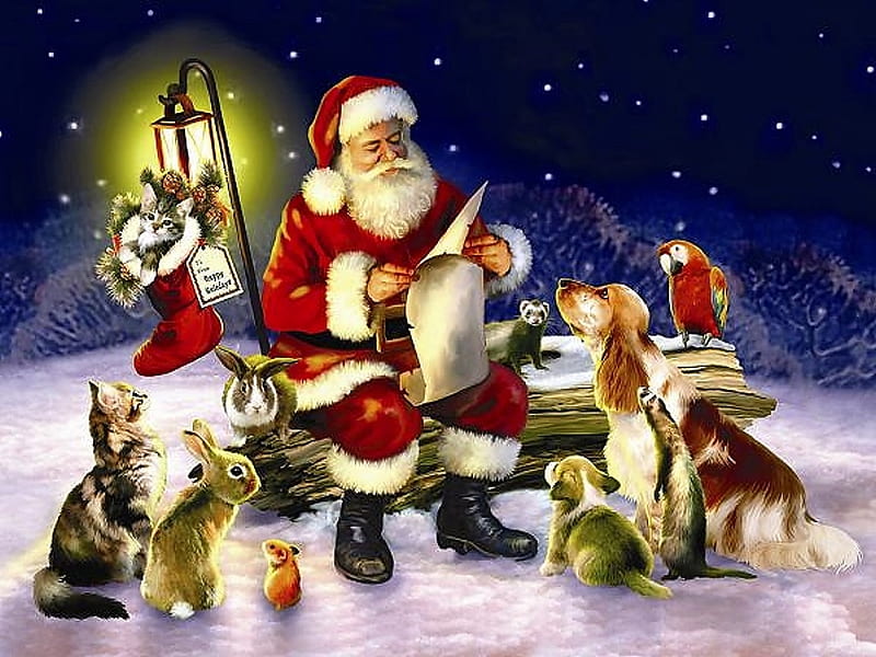 Santa Reading The Wishlist, lamp, christmas, parrot, artwork, snow, mouse, painting, rabbits, cats, animals, dogs, HD wallpaper