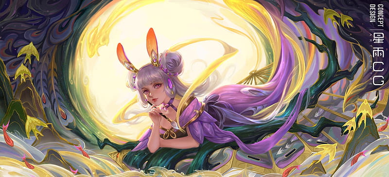 Diao Chan, yellow, pink, frumusete, moon, goddess, ears, superb, star academy, fantasy, moon, girl, bunny, gorgeous, HD wallpaper