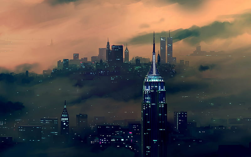 New York City, fog, panorama, Manhattan, NYC, cityscapes, New York, USA, nightscapes, America, HD wallpaper