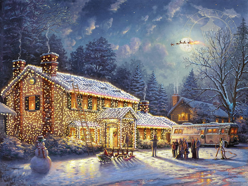 Santa is coming to town, art, craciun, christmas, snowman, thomas kinkade, winter, santa, people, painting, pictura, HD wallpaper