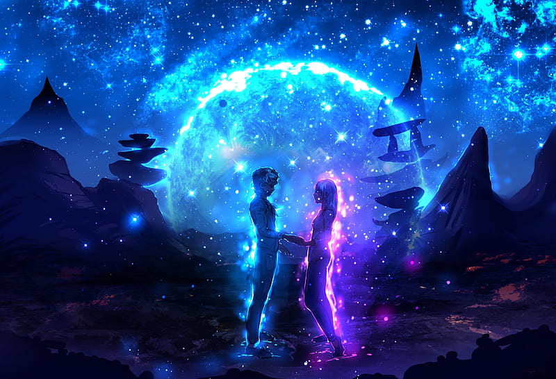Connected, Stars, Couple, Friendship, Energy, Planet, dark, Pink, Spirits, Sci-fi, Girl, Blue, Night, Love, Boy, Sky, Fantasy, Under the stars, Conected, HD wallpaper