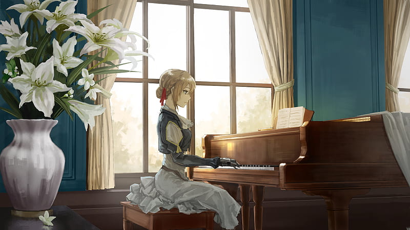 Anime, Violet Evergarden, Violet Evergarden (Anime), Violet Evergarden (Character), Blonde, Girl, Piano, Blue Eyes, HD wallpaper