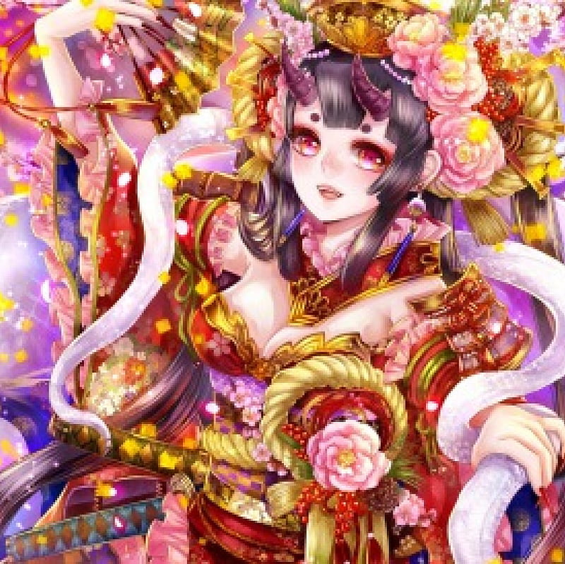 Lady Oni, colorful, nic, dress cg, bonito, sweet, multicolor, anime, hot, beauty, anime girl, gorgeous, blososm, female, gown, spendid, sexy, e pretty, lovley, girl, oriental, horn, flower, awesome, petals, HD wallpaper