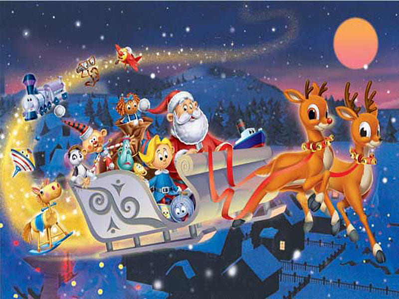 Christmas card, santa, fly, moon, christmas, holiday, sled, noel, deer, HD wallpaper
