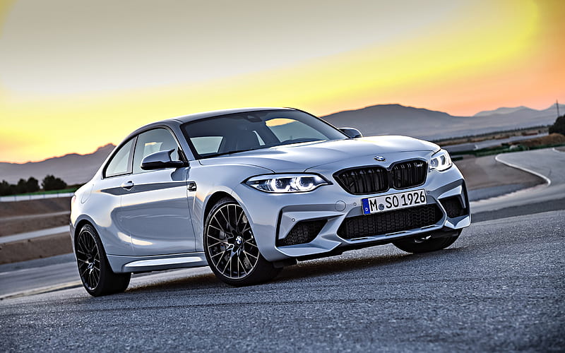 2019, BMW M2 Competition, front view, exterior, silver sports coupe, M2 tuning, racing track, evening, sunset, serbera M2, German cars, BMW, HD wallpaper