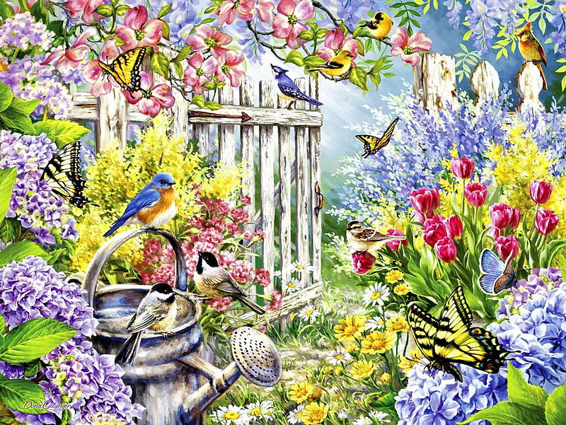 Spring awakening, fence, awakening, gathering, garden, flowers, birds, spring, freshness, bonito, HD wallpaper