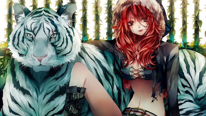 girl and siberian tiger, siberian, red, wonan, 3d, tiger, white, HD wallpaper
