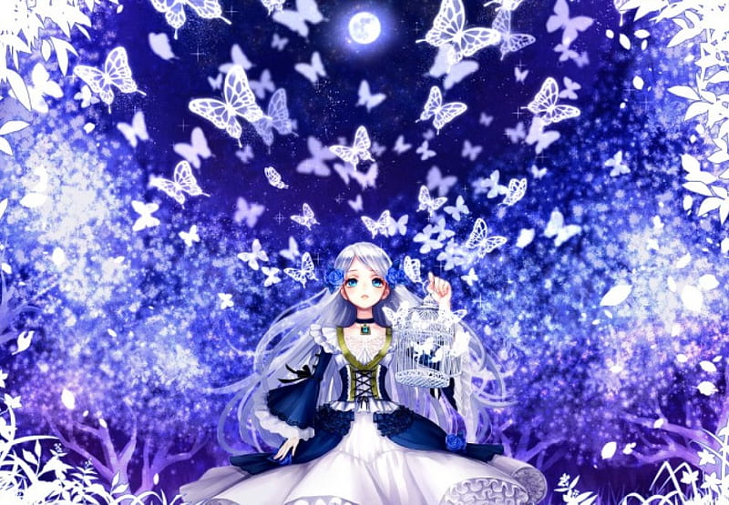 Release, pretty, cg, adorable, magic, sweet, nice, fantasy, butterfly, anime, beauty, anime girl, long hair, lovely, gown, cage, flying, awesome, multiple, scenic, dress, bonito, moon, loli, scenery, night, many, female, lolita, dom, butterflies, kawaii, fly, girl, magical, lots, scene, HD wallpaper