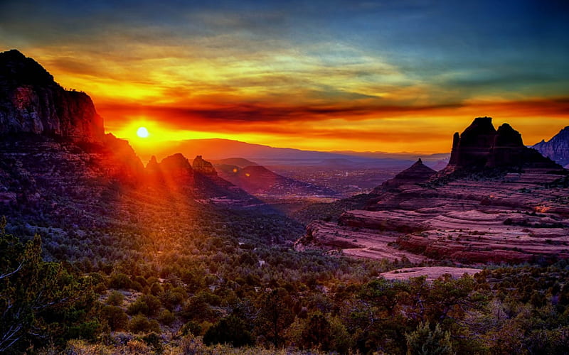 Verde Valley, orange, arizona, sunset, grand canyon, purple, usa, sedona, landscape, HD wallpaper
