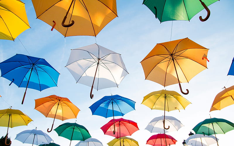 Colorful umbrellas, bright colors, umbrellas in the sky, blue sky, HD wallpaper