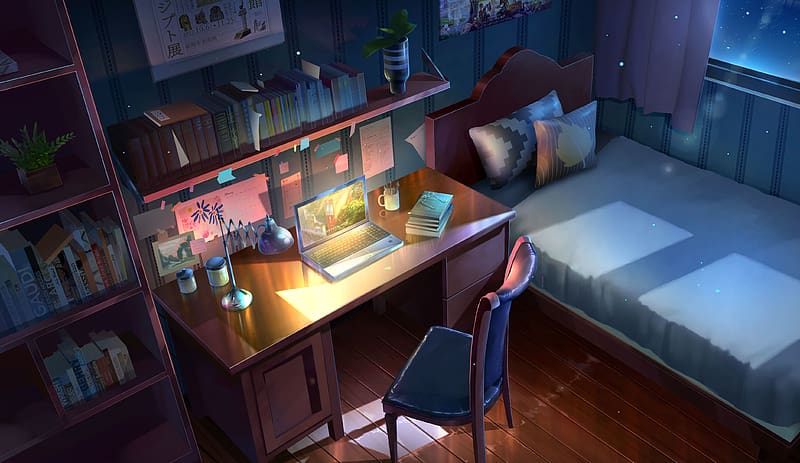 Anime, Night, Chair, Window, Room, Bed, Computer, HD wallpaper