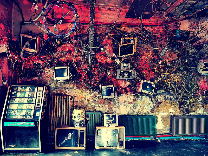Room, building, cyberpunk, electro, old, retro, street, television, theme, vintage, vision, HD wallpaper