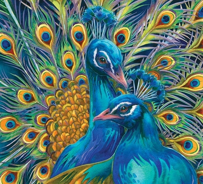 Peacocks, bird, feather, paun, yellow, pasari, blue, art, luminos, peacock, fantasy, couple, HD wallpaper