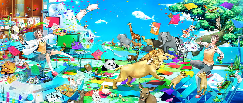 Wonderful World of Colors, chicken, confetti, monkeys, rainbow, clouds, panda, tier, anime, people, drawings, zebra, giraffe, art, owl, paint, elephant, colors, birds, sky, corazones, baby, lion, tree, pigs, mouse, balloons, paper, bunnies, HD wallpaper