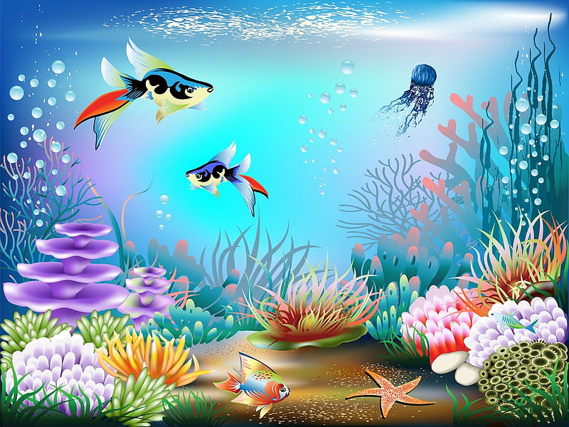 Three Fish in the Tank, pastel, fish, mural, painting, colors, three, HD wallpaper
