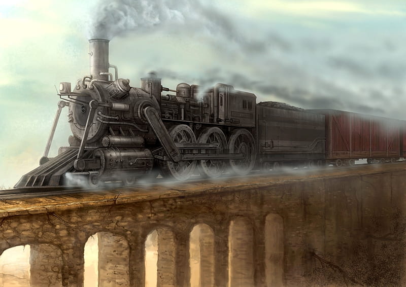 Steampunk Train, art, locomotive, bridge, steam, railways, HD wallpaper