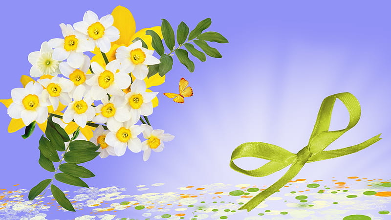 Narcissus, sprinkles, spring flowers, ribbon, summer, flowers, lavender, bow, HD wallpaper