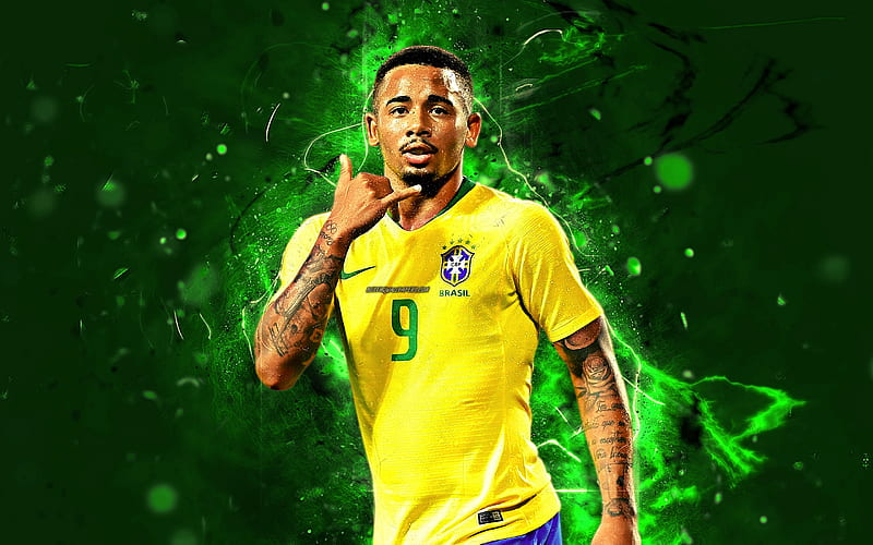 Gabriel Jesus, goal, Brazil National Team, striker, football, soccer, Jesus, forward, neon lights, Brazilian football team, HD wallpaper
