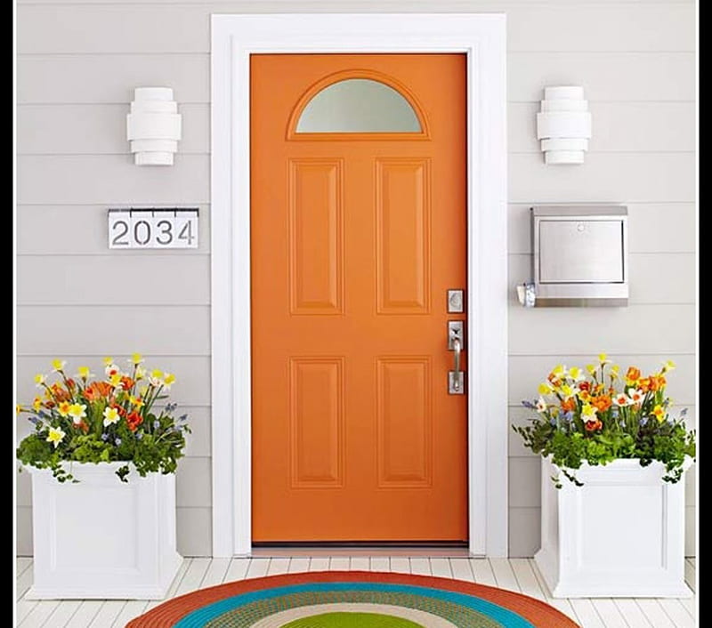 orange door to house, exit, blueprint, entrance, enter, HD wallpaper