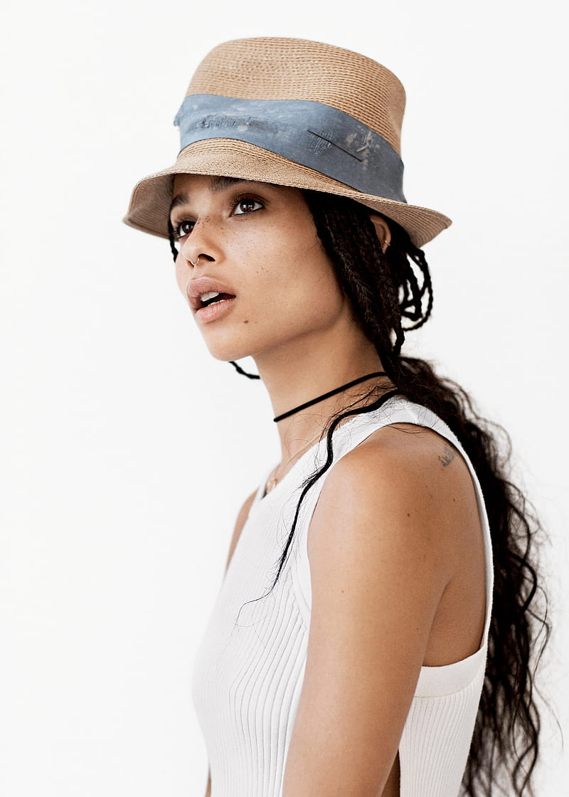 Zoë Kravitz, women, model, long hair, white background, simple background, ebony, actress, singer, hat, tattoo, looking into the distance, celebrity, brunette, braided hair, brown eyes, freckles, nose ring, white tank top, bare shoulders, open mouth, studio, HD phone wallpaper