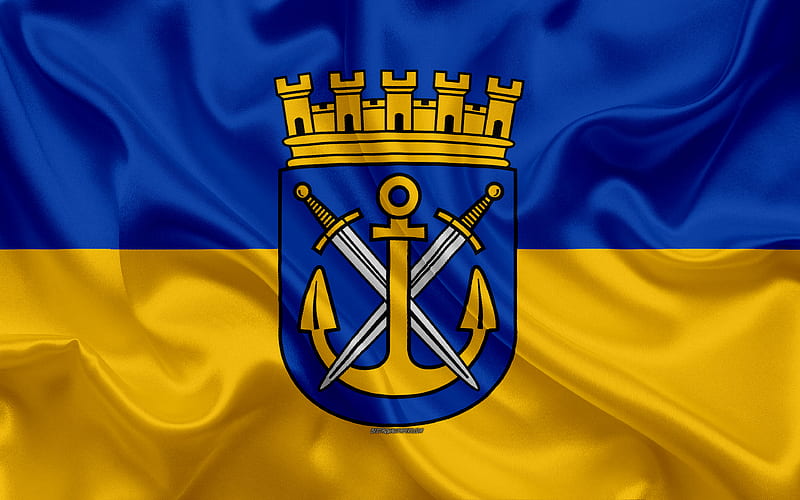 Flag of Solingen silk texture, blue yellow silk flag, coat of arms, German city, Solingen, North Rhine-Westphalia, Germany, symbols, HD wallpaper