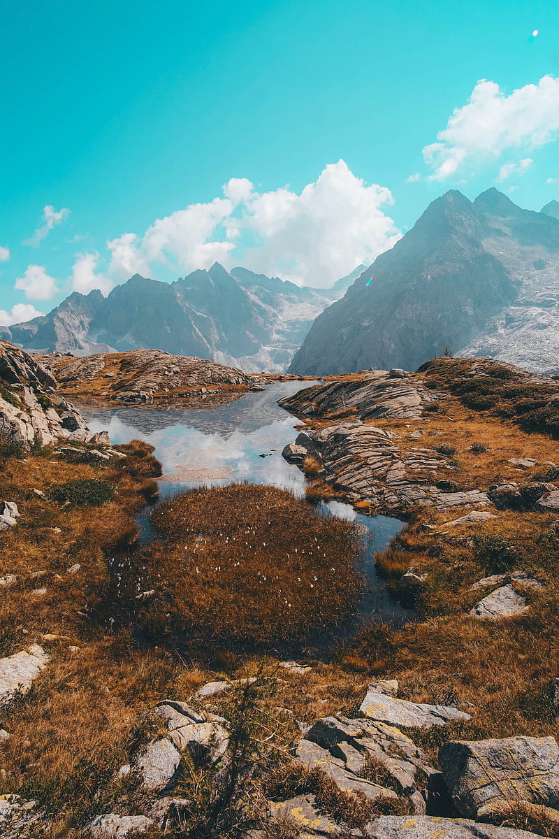 lake, mountains, herbs, stones, rocks, landscape, HD phone wallpaper