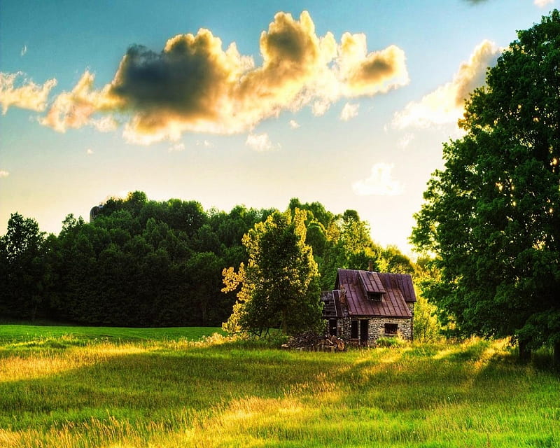 Farm House in Green Forest, farm, forest, house, green, nature, trees, clouds, HD wallpaper