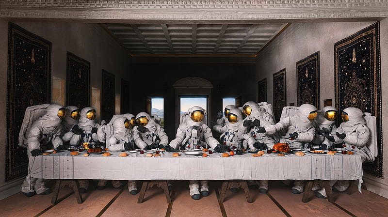 astronauts, table, space suit, classic art, Space, HD wallpaper