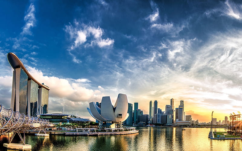Singapore panorama, Marina Bay, sunset, skyscrapers, Asia, HD wallpaper
