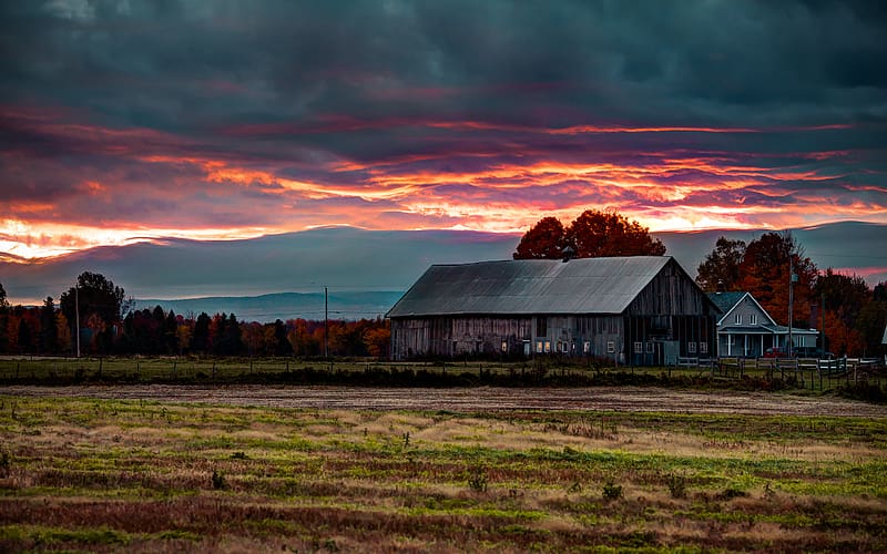 Landscape, Sunset, Sky, Mountain, Cloud, Farm, , Barn, Scenic, HD wallpaper