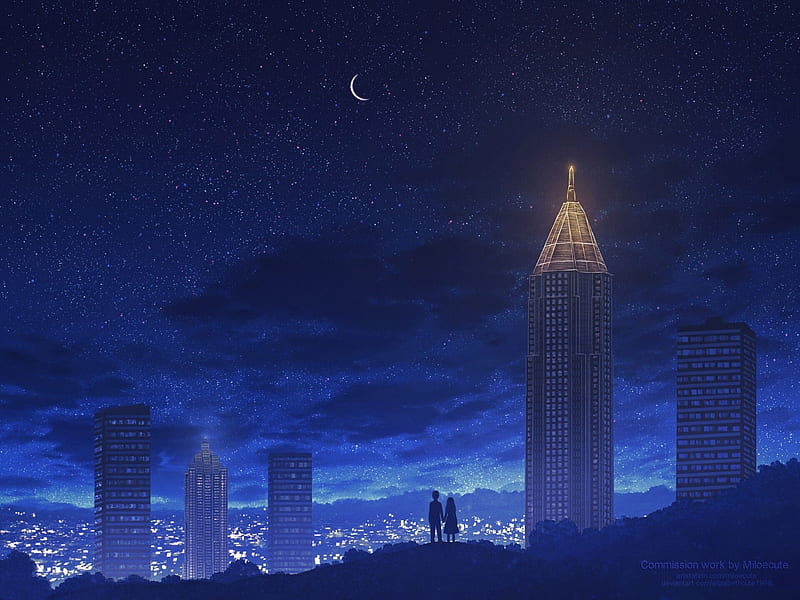 Atlanta skyline, atlanta, skyline, miloe cute, fantasy, silhouette, night, blue, HD wallpaper