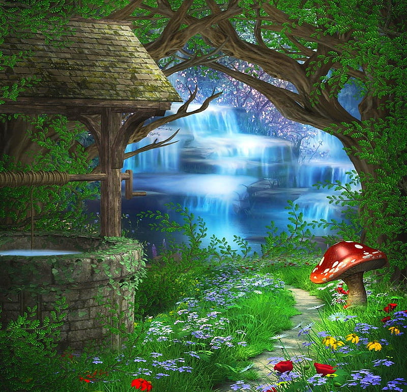 Beautiful wishing well, forest, wonderfull, well, colors, mushroom, bonito, water, splendor, waterfall, magical, flowers, path, nature, wishing well, HD wallpaper