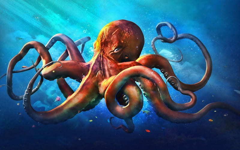 cartoon octopus, underwater world, sea, 3D art, octopus, cartoon characters, HD wallpaper