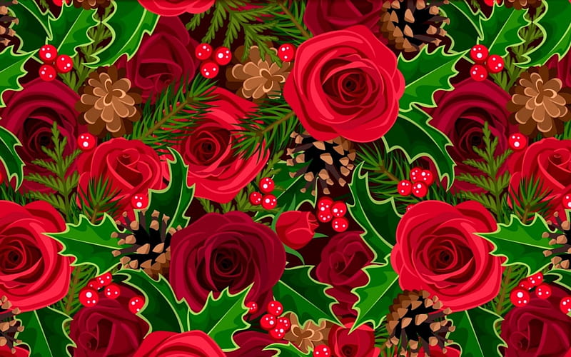Merry Christmas!, pattern, red, craciun, christmas, rose, pine cone, mistletoe, green, texture, flower, paper, HD wallpaper