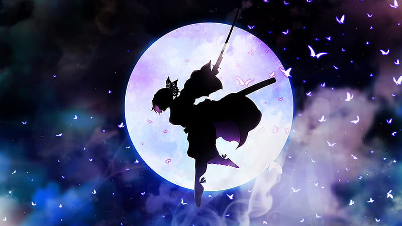 Demon Slayer Shinobu Kochou Flying With Sword With Background Of Dark Night Moon And Flying Butterflies Anime, HD wallpaper