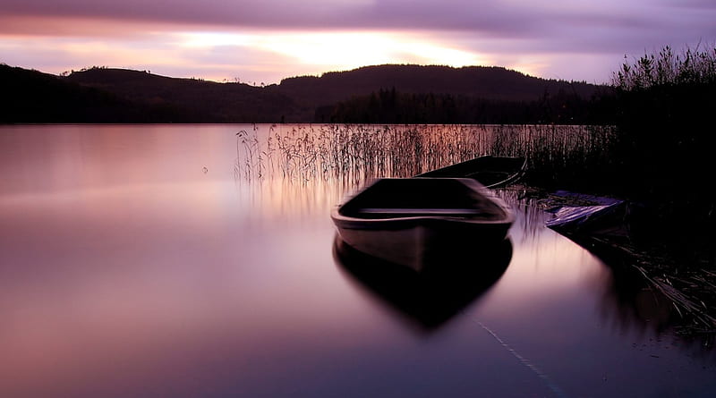 boat on a still purple lake r, boat, purple, grass, r, sunset, lake, HD wallpaper