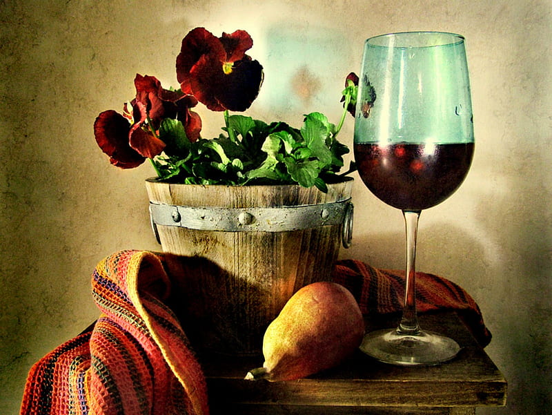 Pansy Passion, table, still life, pear, pansies, flowers, wineglass, bucket planter, striped cloth, HD wallpaper