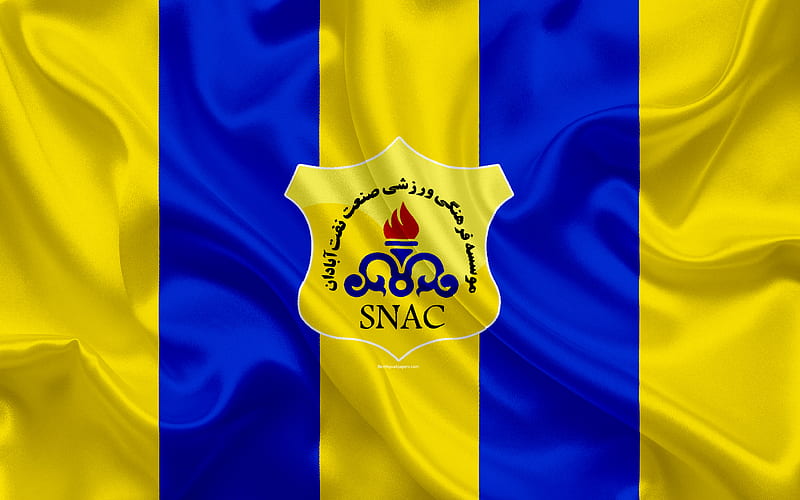 Sanat Naft Abadan FC silk texture, logo, emblem, yellow blue silk flag, Iranian football club, Abadan, Iran, football, Persian Gulf Pro League, HD wallpaper
