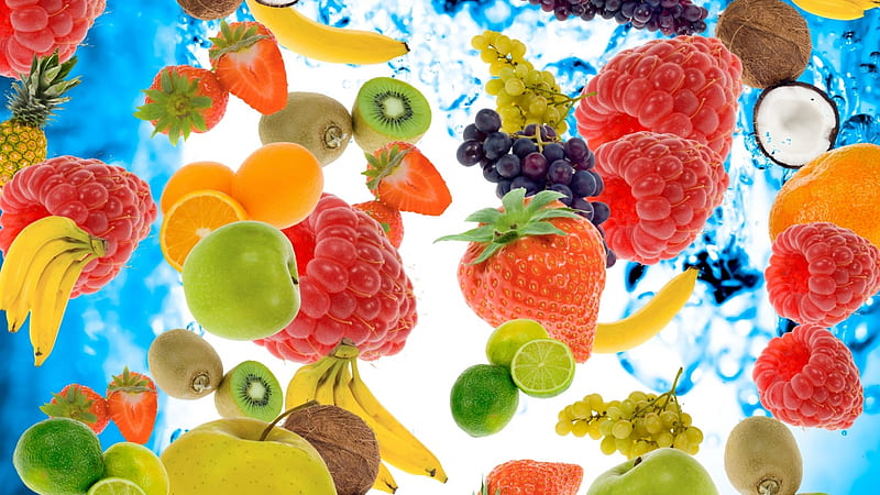 tossed fruit, fruit, grapes, strawberry, coconut, raspberry, banana, lime, HD wallpaper