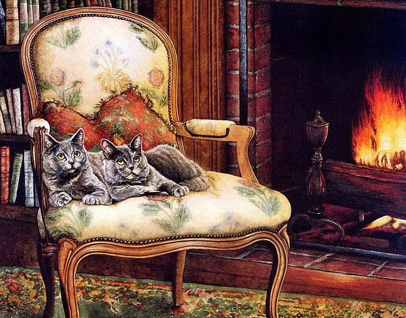 By Sueellen Ross, art, fire, painting, home, chair, sueellen ross, cat, kitten, HD wallpaper